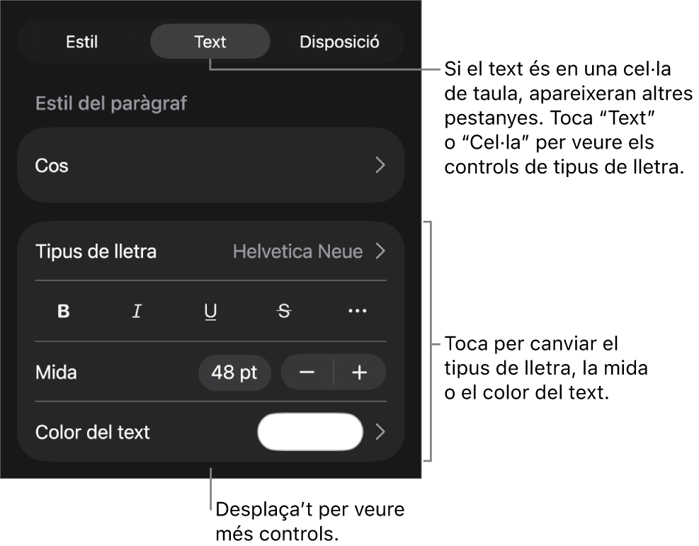 Controls de text al menú Format per definir els estils de paràgraf i de caràcter, el tipus de lletra, la mida i el color.
