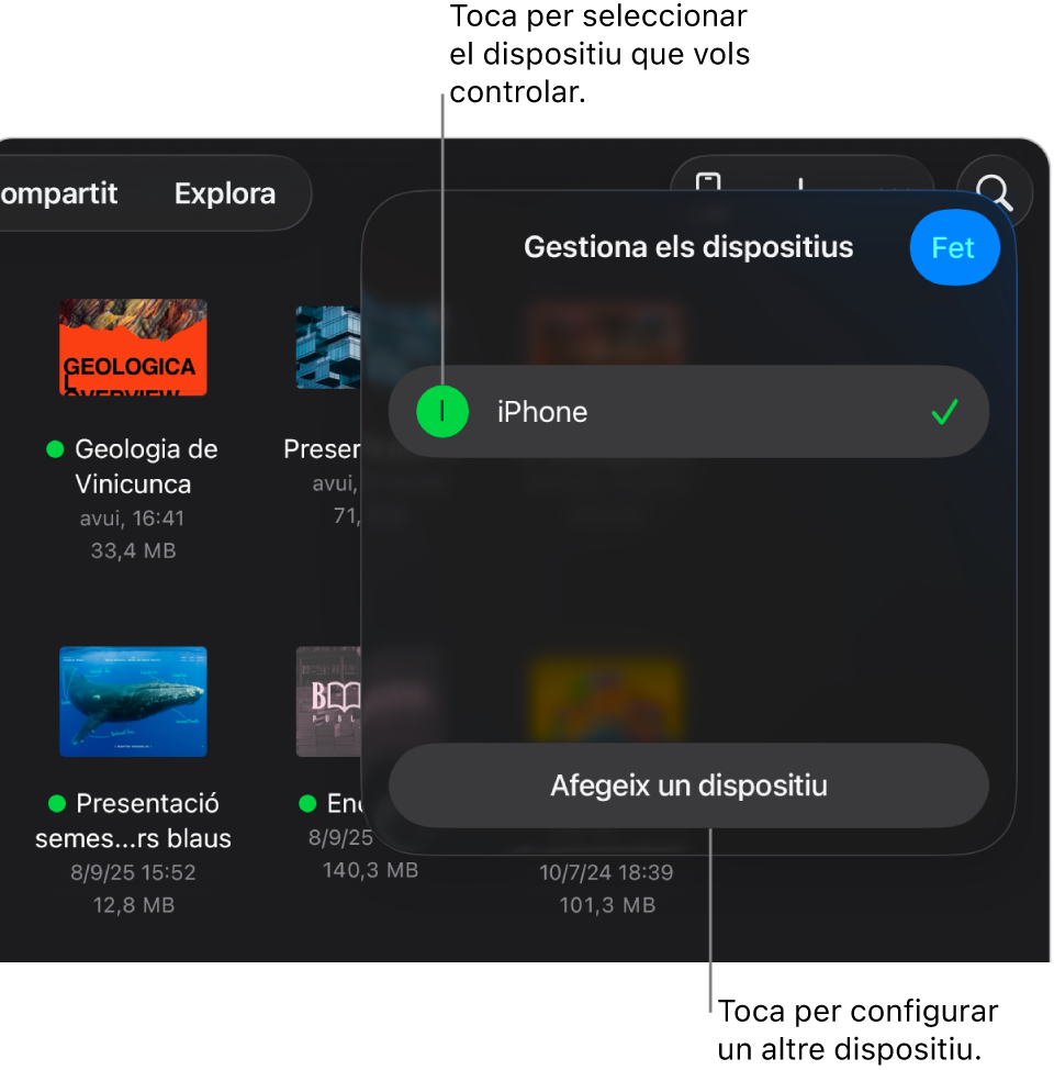 Finestra emergent “Gestiona els dispositius”, que mostra l’enllaç “Afegeix un dispositiu”.