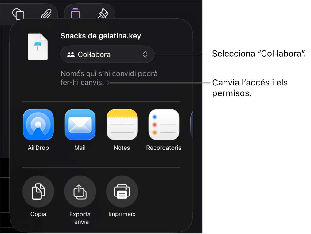 Menú “Comparteix” amb l’opció “Col·labora” seleccionada a la part superior i la configuració dels permisos a sota.