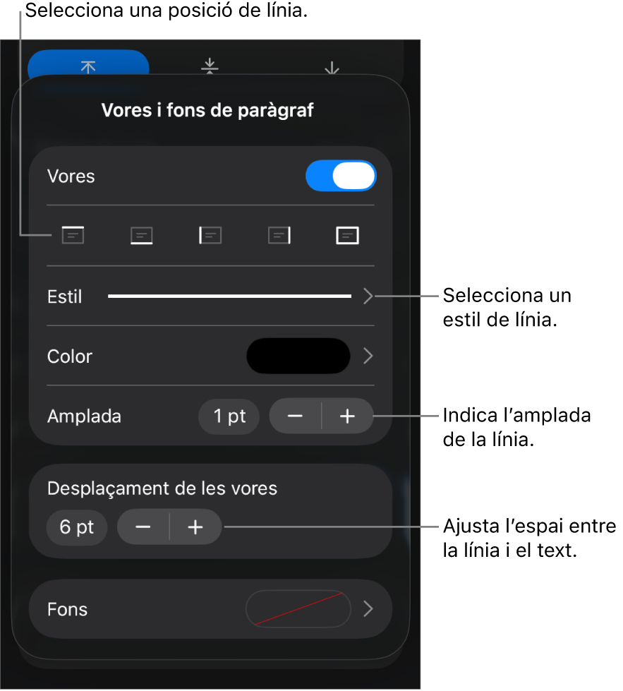 Controls per canviar l’estil, el gruix, la posició i el color de la línia.