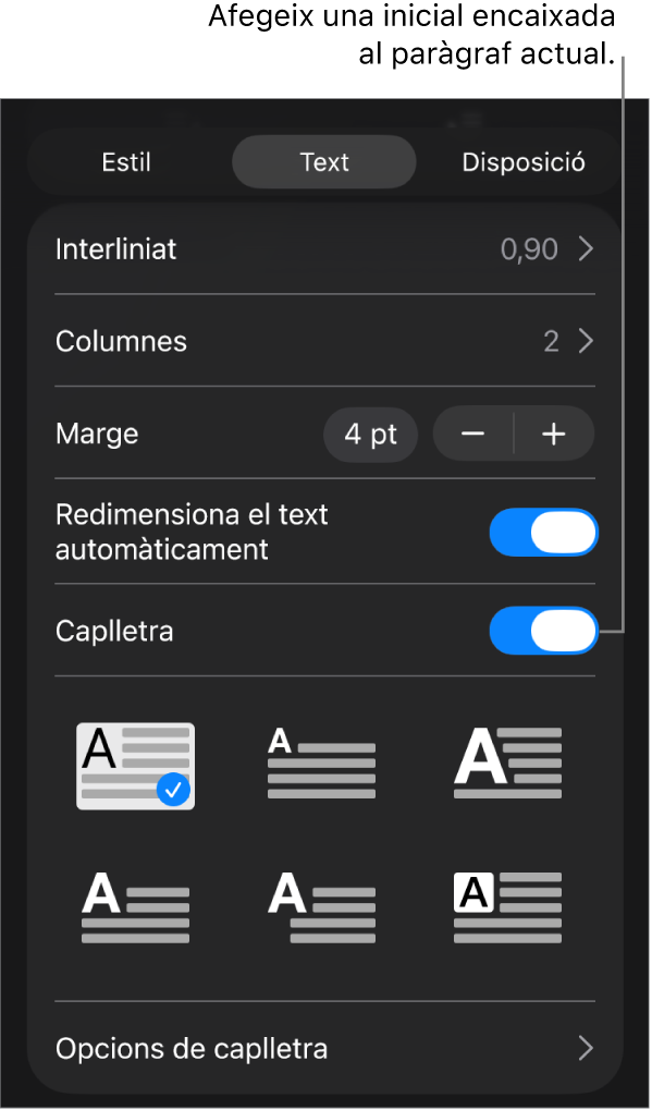 Els controls de caplletra a la part inferior del menú “Text”.