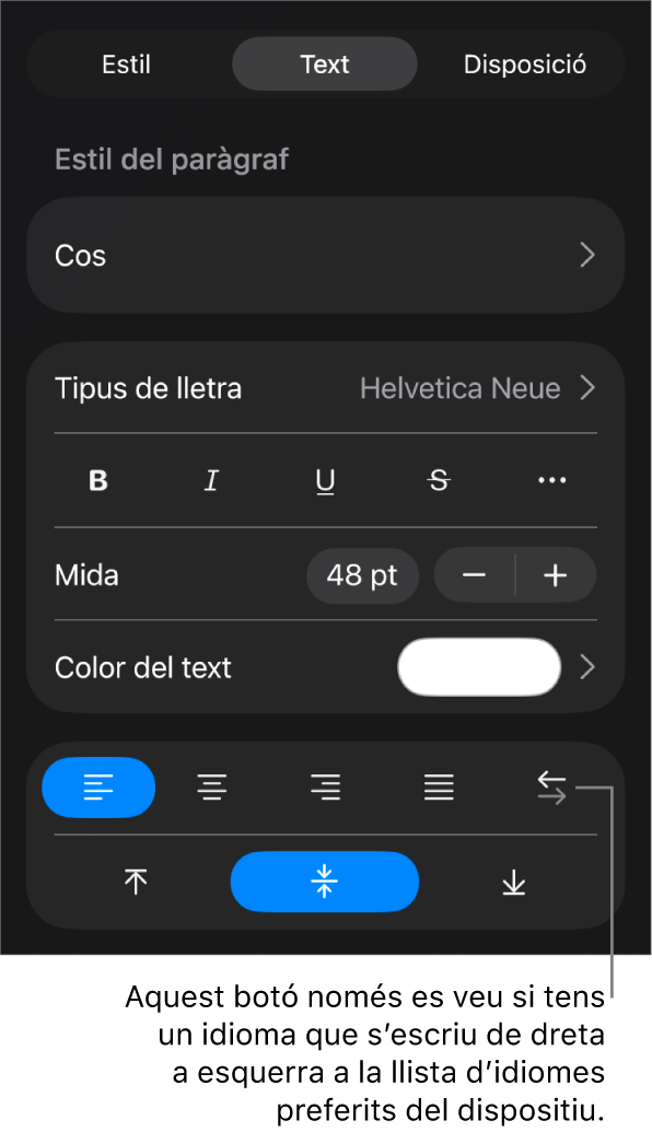 Controls de text del menú Format, amb una llegenda per al botó “D’esquerra a dreta”.