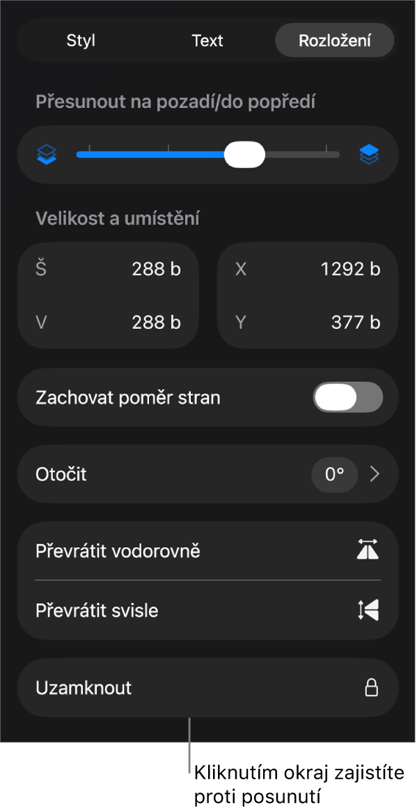 Ovládací prvky pro rozložení v nabídce Formát; vyznačeno je tlačítko Zamknout