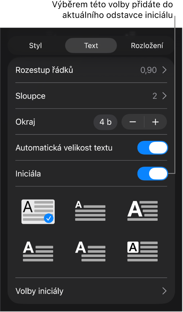 Ovládací prvky pro volbu Iniciála v nabídce Text