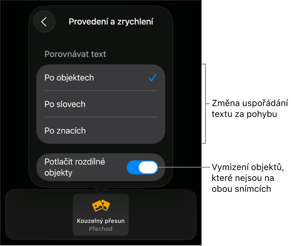 Volby provedení a zrychlení funkce Kouzelný přesun na panelu Zrychlení