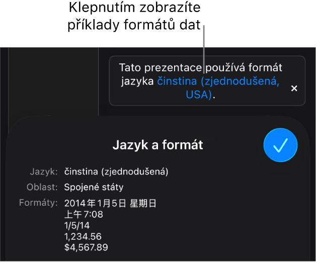 Upozornění na odlišné nastavení jazyka a oblasti s ukázkami formátování pro daný jazyk a oblast