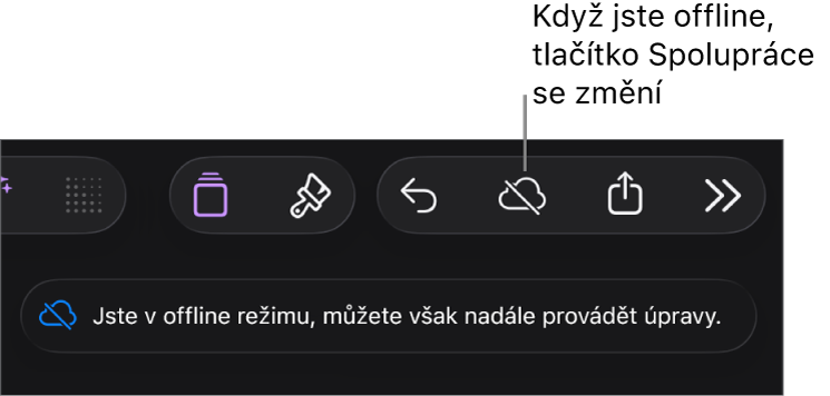 Tlačítka u horního okraje obrazovky, mezi nimiž je tlačítko Spolupráce změněné na ikonu mraku přeškrtnutého diagonální linkou. Na obrazovce se zobrazí upozornění „Jste v offline režimu, můžete však nadále provádět úpravy.“