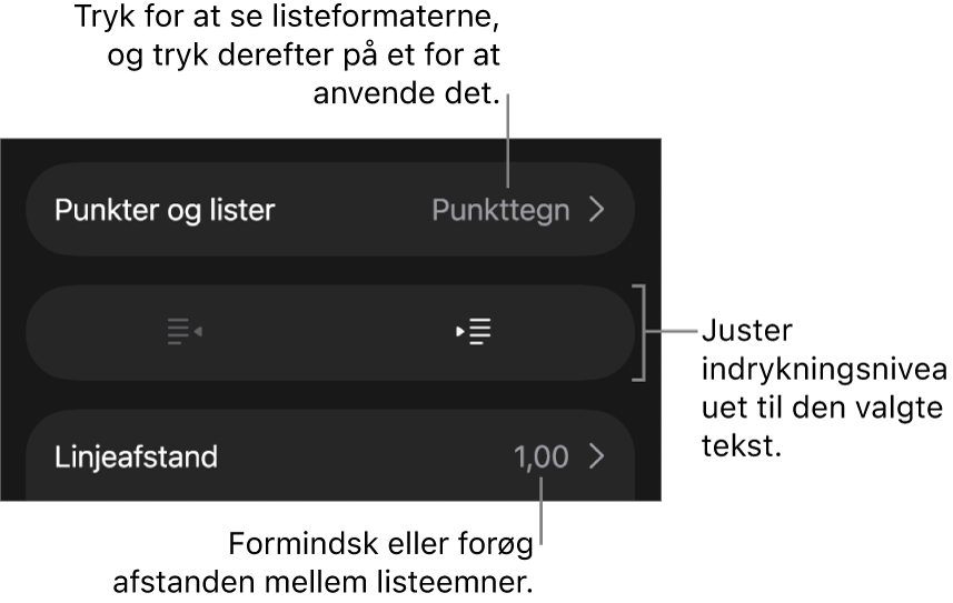 Området Punkter & lister under betjeningsmulighederne til format med billedforklaringer til Punkter & lister, knapperne Ryk ind og Ryk ud og betjeningsmulighederne til linjeafstand.