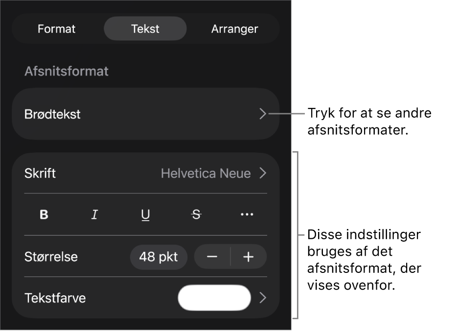 Menuen Format, der viser betjeningsmuligheder til tekst til indstilling af afsnits- og tegnformater, skrift, størrelse og farve.
