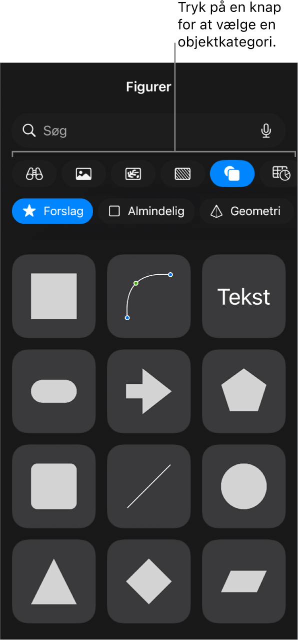 Betjeningsmulighederne til tilføjelse af et objekt med knapper øverst til valg af tabeller, diagrammer, figurer (herunder streger og tekstfelter) og medier.