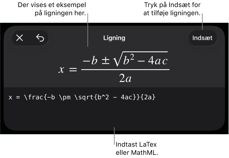 Dialogen Ligning, der viser den kvadratiske formel skrevet ved hjælp af MathML-kommandoer og derover et eksempel på formlen.