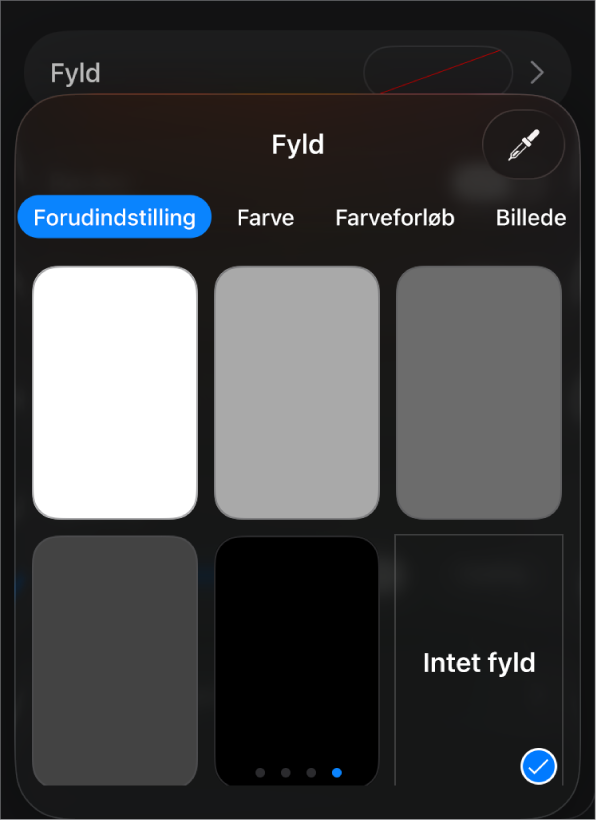 Betjeningsmulighederne til Udfyld med Intet fyld valgt.