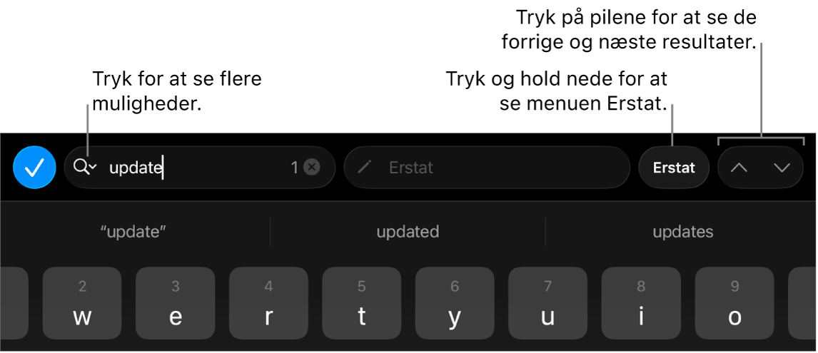 Betjeningsmulighederne til Find & erstat over tastaturet med billedforklaringer til knapperne Søgeindstillinger, Erstat, Gå op og Gå ned.