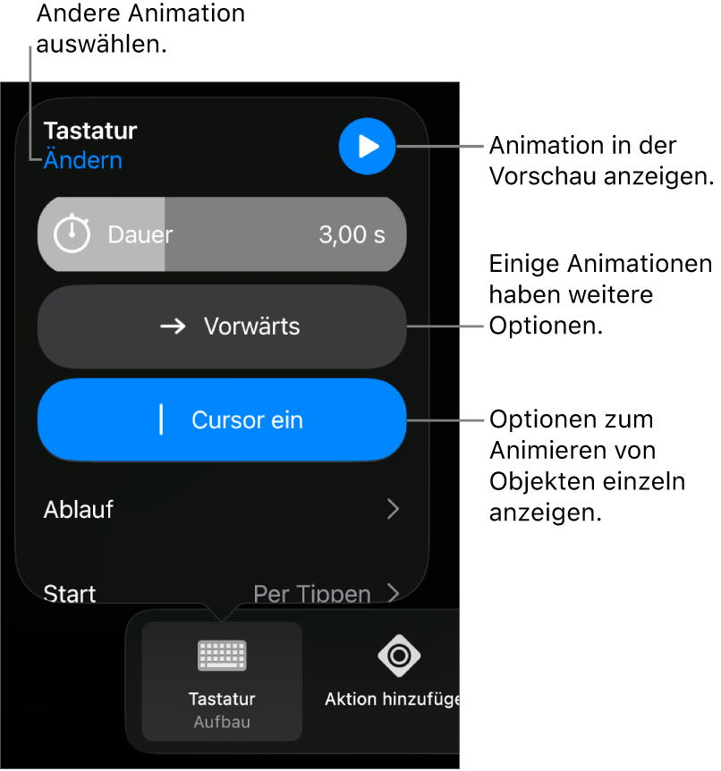 Animationsoptionen wie „Dauer“, „Ablauf“ und „Start“. Tippe auf „Ändern“, um eine andere Animation zu wählen, oder tippe auf „Vorschau“, um eine Vorschau der Animation anzuzeigen.