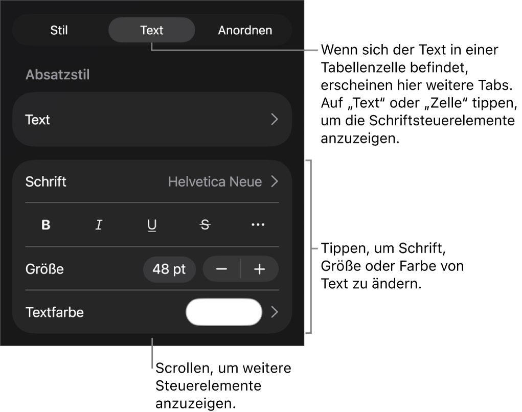 Textsteuerelemente im Menü „Format“ zum Festlegen von Absatz- und Zeichenstilen, Schrift, Größe und Farbe