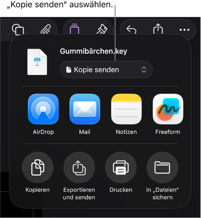 Das Menü „Teilen“, in dem „Kopie senden“ oben ausgewählt ist.