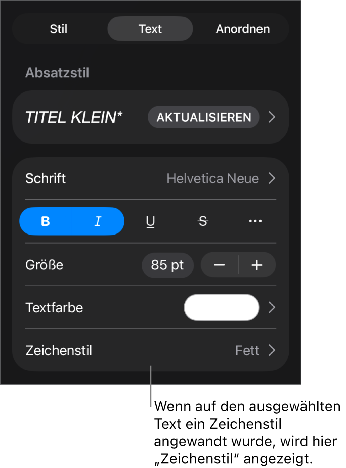 Die Steuerelemente für die Textformatierung mit „Zeichenstil“ unter den Farbsteuerungen Der Zeichenstil „Ohne“ mit einem Stern