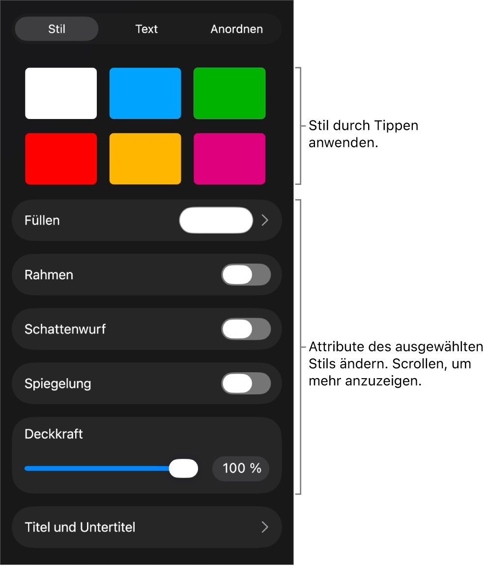 Der Tab „Stil“ des Menüs „Format“ mit Objektstilen oben und Steuerelementen zum Ändern des Rahmens, des Schattens, der Reflexion und der Deckkraft darunter.