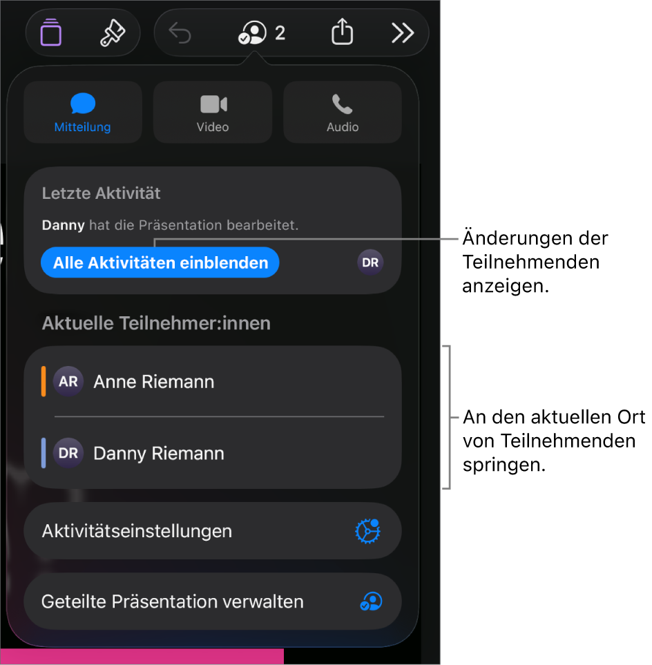 Das Menü „Zusammenarbeiten“ mit einer Liste der aktuellen Teilnehmer:innen.