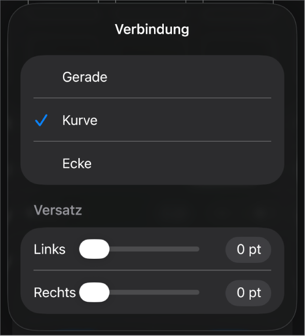 Die Steuerelemente im Abschnitt „Verbindung“ mit dem ausgewählten Element „Kurve“.