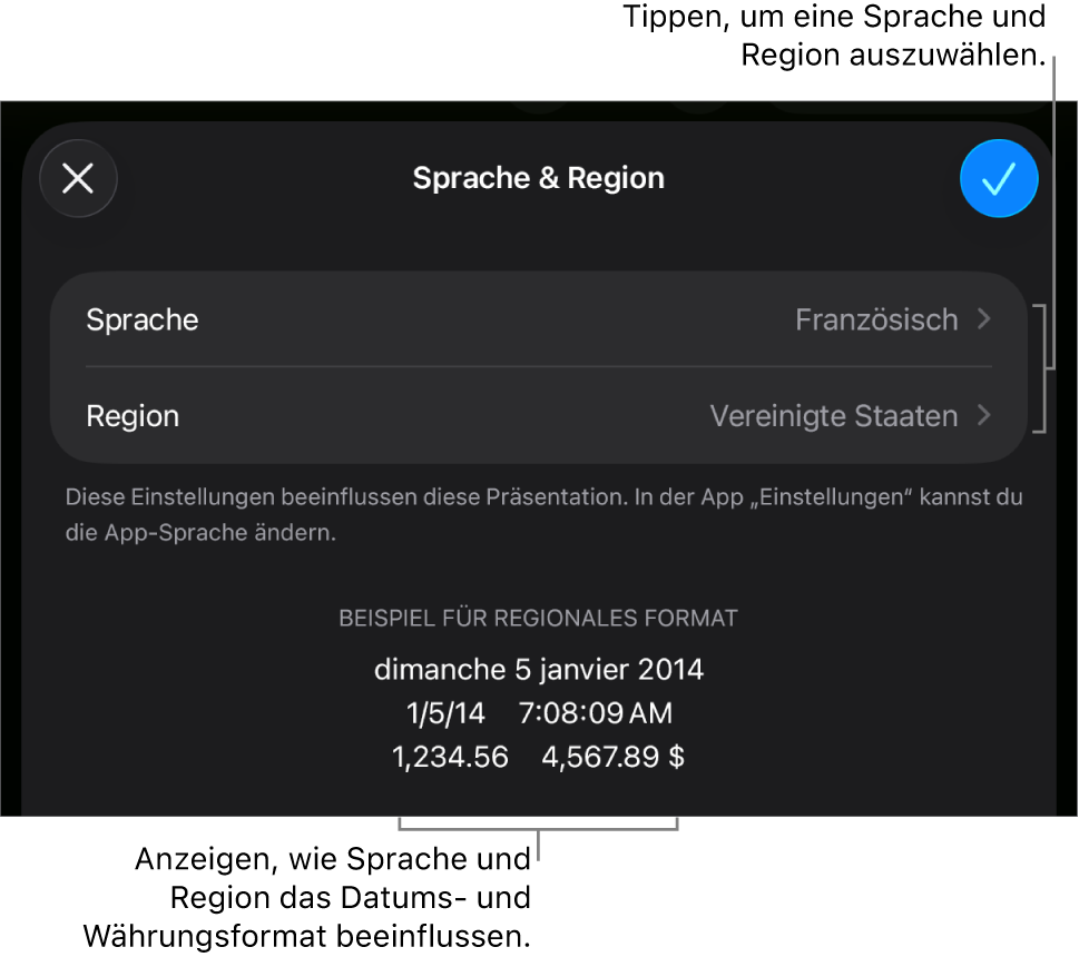 Das Fenster „Sprache & Region“ mit Einblendmenüs für Sprache und Region sowie einem Formatierungsbeispiel für Datum, Uhrzeit, Dezimalstellen und Währung.