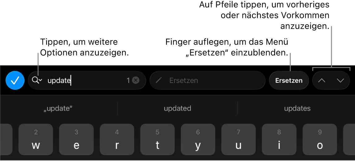 Die Steuerelemente „Suchen & Ersetzen“ über der Tastatur mit Beschreibungen zur Taste für Suchoptionen, zur Taste „Ersetzen“ und zu den Aufwärts- und Abwärts-Tasten.