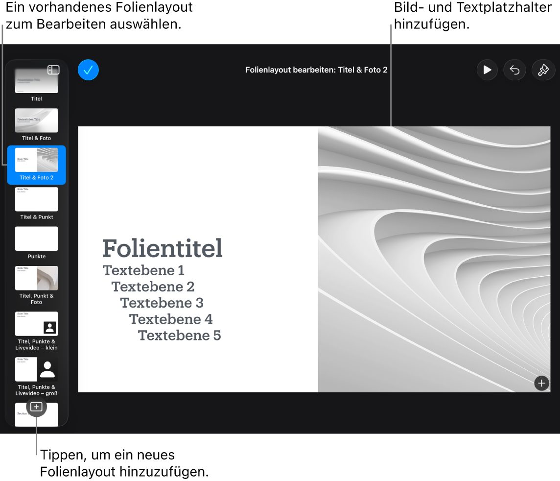 Ein Folienlayout ist auf dem Arbeitsbereich zu sehen, die Taste „Folienvorlage hinzufügen“ befindet sich unten im Foliennavigator.
