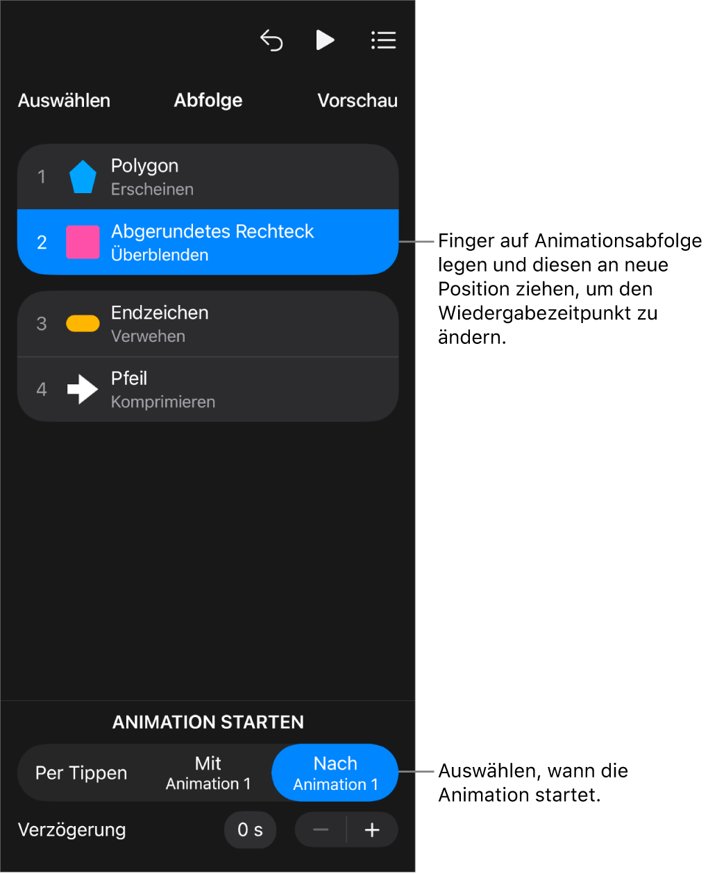 In der Liste „Animationsabfolge“ werden die Aufbaueffekte mit gelben Badges und die Abbaueffekte mit grauen Badges angezeigt
