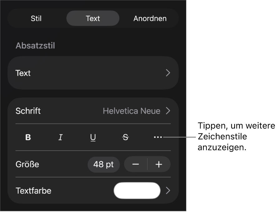 Die Steuerelemente für das Format mit Absatzstilen oben, dann die Steuerelemente für die Schrift. Unter „Schrift“ befinden sich die Tasten „Fett“, „Kursiv“, „Unterstrichen“, „Durchgestrichen“ und „Weitere Textoptionen“.