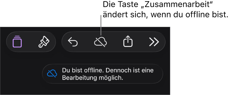 Die Tasten oben auf dem Bildschirm, darunter die Taste „Zusammenarbeit“, die als mit einer diagonalen Linie durchgestrichenen Wolke dargestellt wird. Ein Hinweis auf dem Bildschirm besagt, dass du offline bist, aber weiterhin arbeiten kannst.