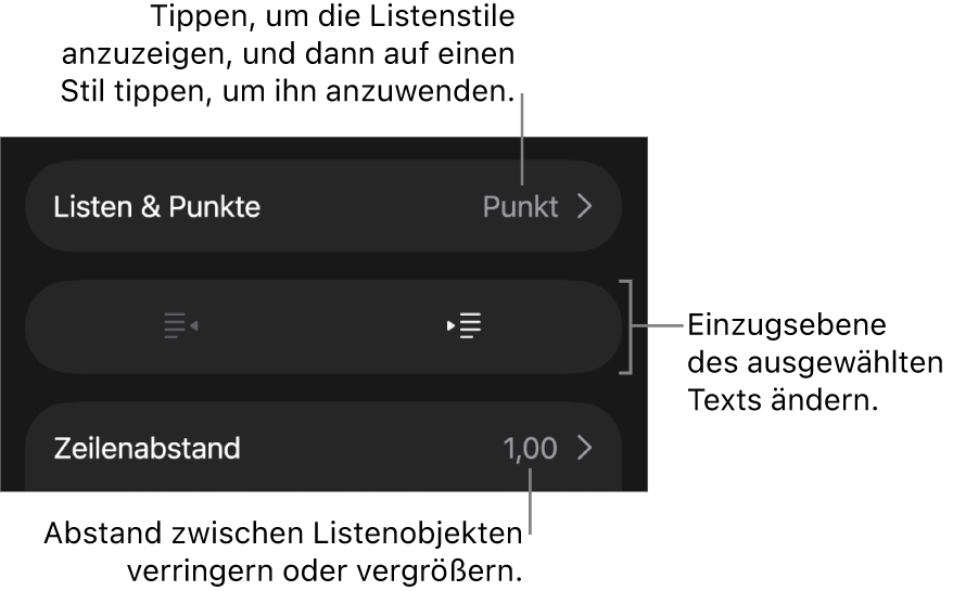 Der Abschnitt „Listen & Punkte“ der Formatsteuerungen mit Beschreibungen für „Listen & Punkte“, den Tasten „Einrücken“ und „Ausrücken“ und Steuerelemente für den Zeilenabstand