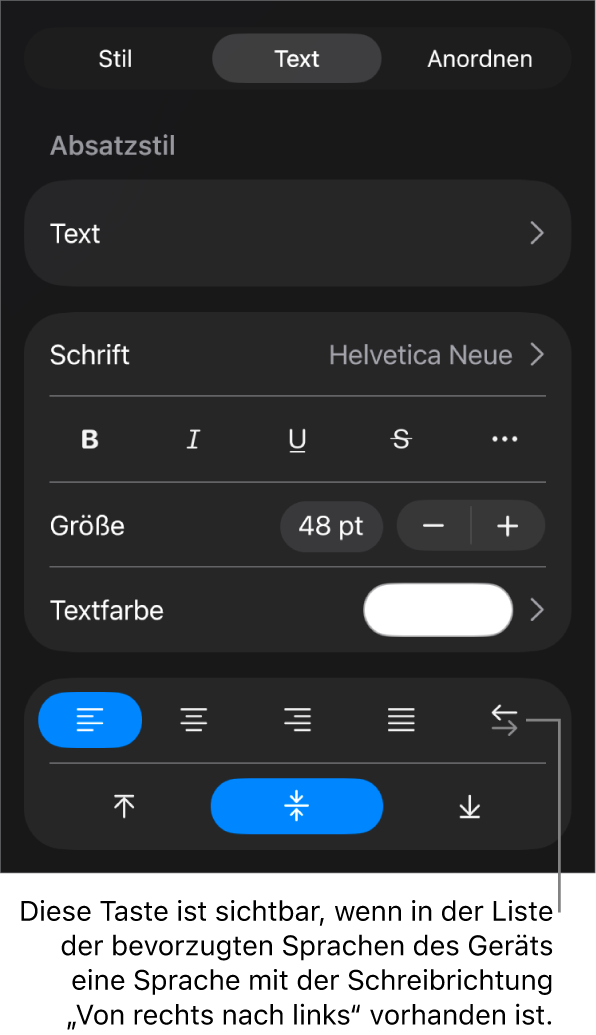 Die Textsteuerelemente im Menü „Format“ mit einer Beschreibung der Taste „Von rechts nach links“.