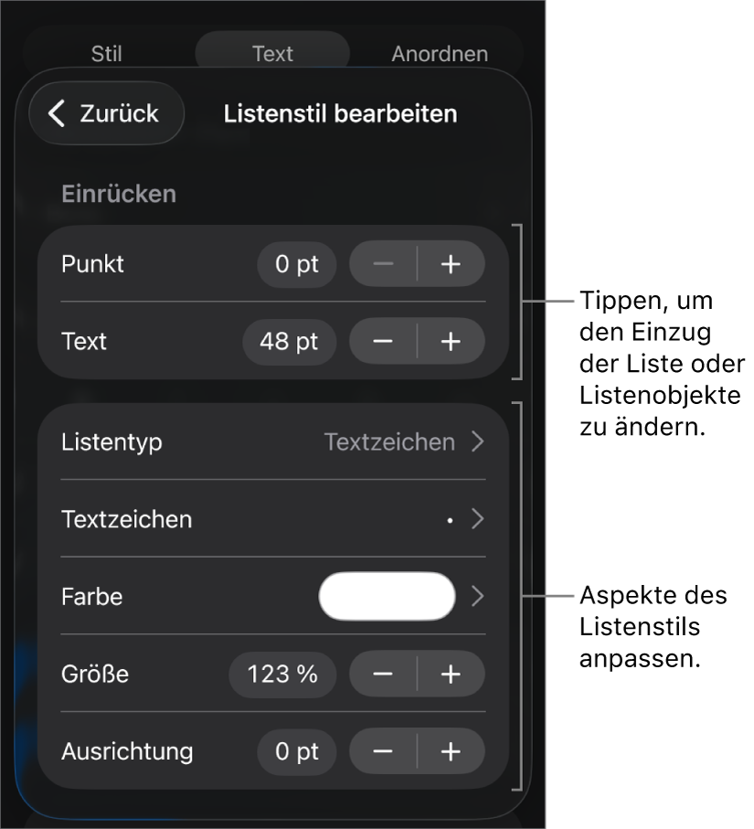 Das Menü „Listenstil bearbeiten“ mit Steuerelementen zum Bearbeiten des Typs und Erscheinungsbilds der Liste.