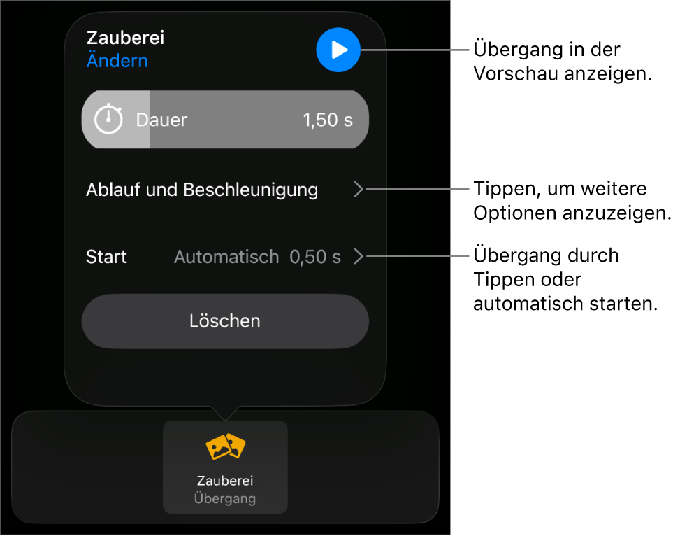 Steuerelemente für „Zauberei“ im Bereich „Übergänge“