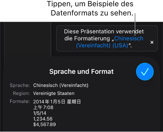 Die Mitteilung zur anderen Sprache und Region mit Beispielen der Formatierung in dieser Sprache und Region.