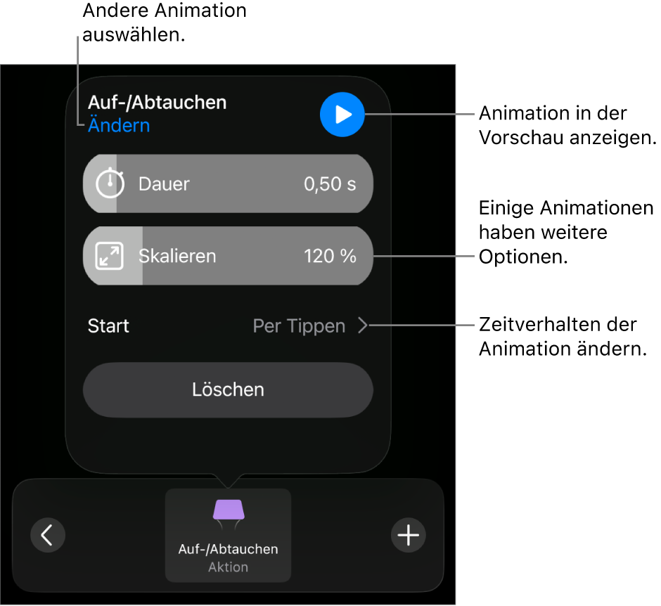 Animationsoptionen wie „Dauer“ und „Start“. Tippe auf „Ändern“, um eine andere Animation zu wählen, oder tippe auf „Vorschau“, um eine Vorschau der Animation anzuzeigen.