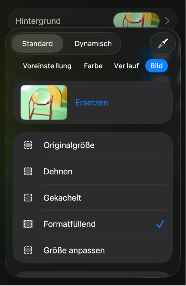 Die Steuerelemente „Hintergrund“ mit einem Bild, das als Folienhintergrund festgelegt ist, und dem Steuerelement „Farbüberlagerung“ unten.