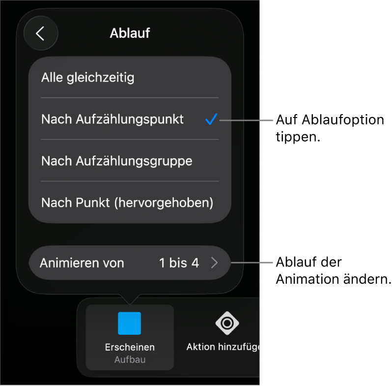 Ablaufoptionen im Bereich „Aufbau“