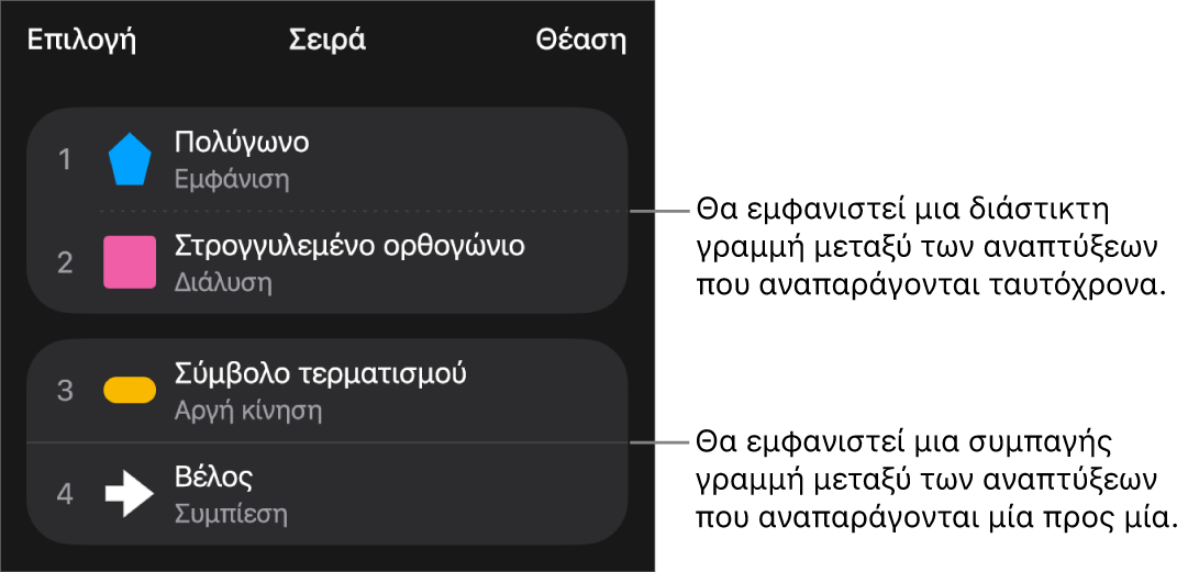 Το μενού «Σειρά ανάπτυξης», με μια εστιγμένη γραμμή που εμφανίζεται μεταξύ των αναπτύξεων που αναπαράγονται ταυτόχρονα και μια συμπαγή γραμμή μεταξύ των αναπτύξεων που παίζουν μία μία.