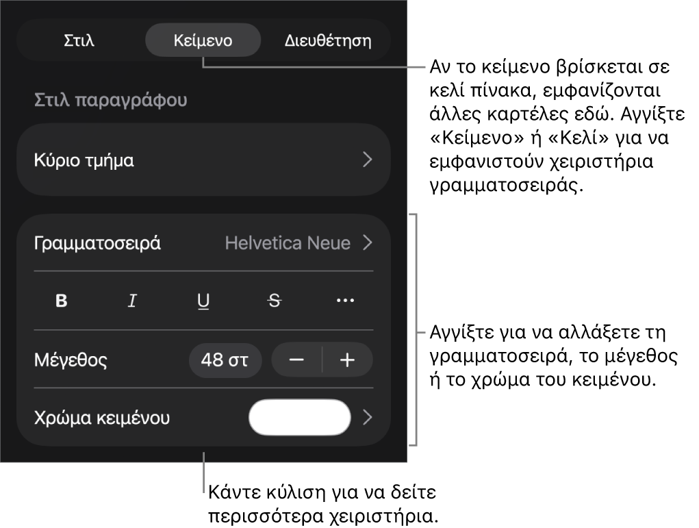 Στοιχεία ελέγχου κειμένου στο μενού «Μορφή» για τον καθορισμό στιλ παραγράφων και χαρακτήρων, γραμματοσειράς, μεγέθους και κειμένου.