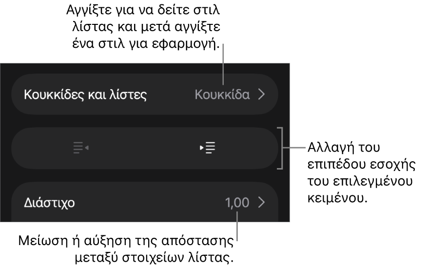 Η ενότητα «Κουκκίδες και λίστες» των στοιχείων ελέγχου Μορφής με επεξηγήσεις στις «Κουκκίδες και λίστες», κουμπιά προεξοχής και εσοχής και στοιχεία ελέγχου διάστιχου γραμμών.
