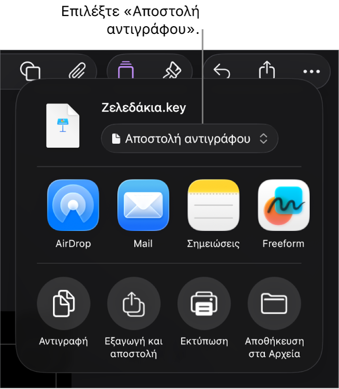 Το μενού «Κοινή χρήση» με επιλεγμένη την «Αποστολή αντιγράφου» στο πάνω μέρος.