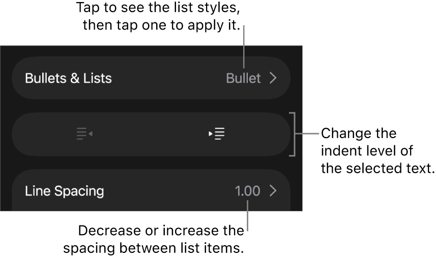 The Bullets & Lists section of the Format controls with callouts to Bullets & Lists, outdent and indent buttons, and line spacing controls.