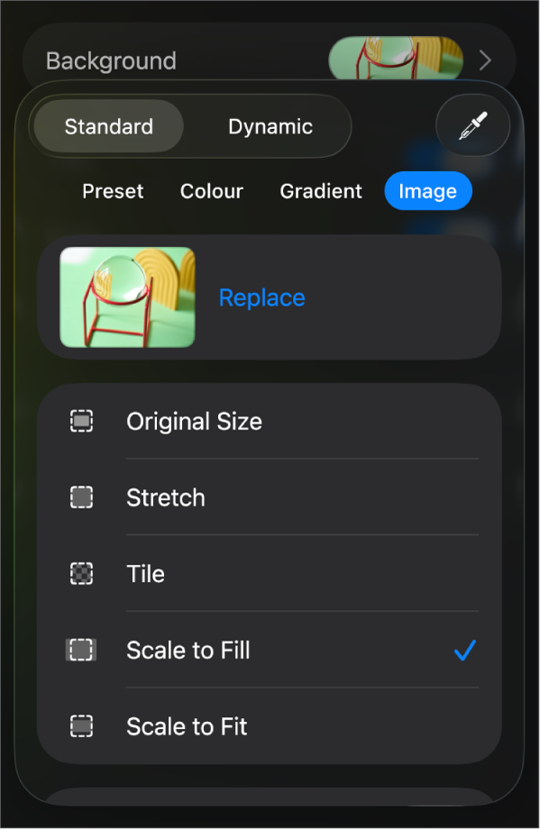 The Background controls with an image set as the slide background and the Colour Overlay control at the bottom.