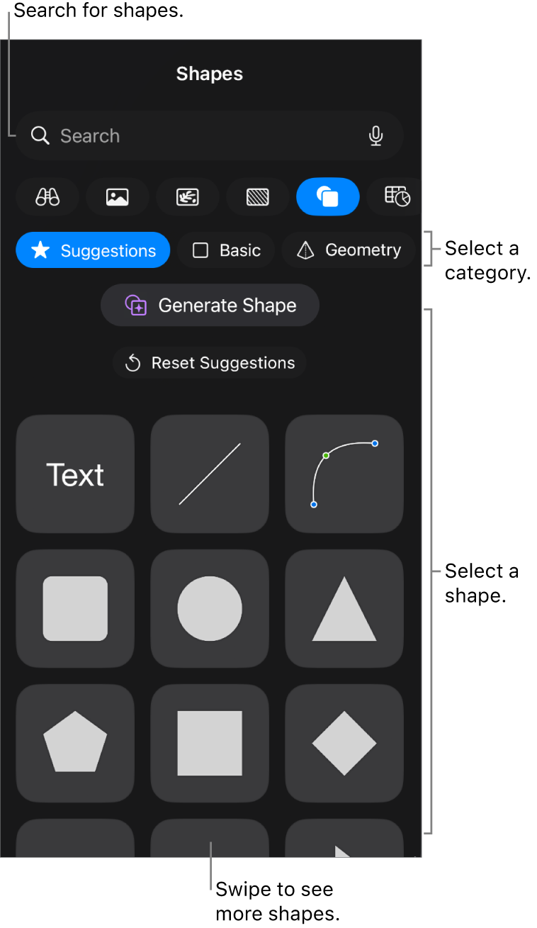The shapes library, with categories at the top and shapes displayed below. You can use the search field at the top to find shapes and swipe to see more.