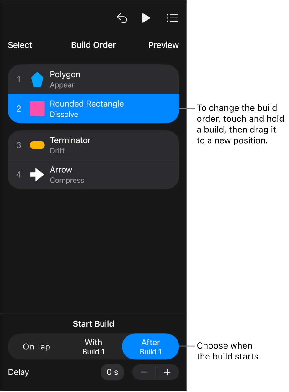 The Build Order list showing build in effects with yellow badges and build out effects with grey badges.