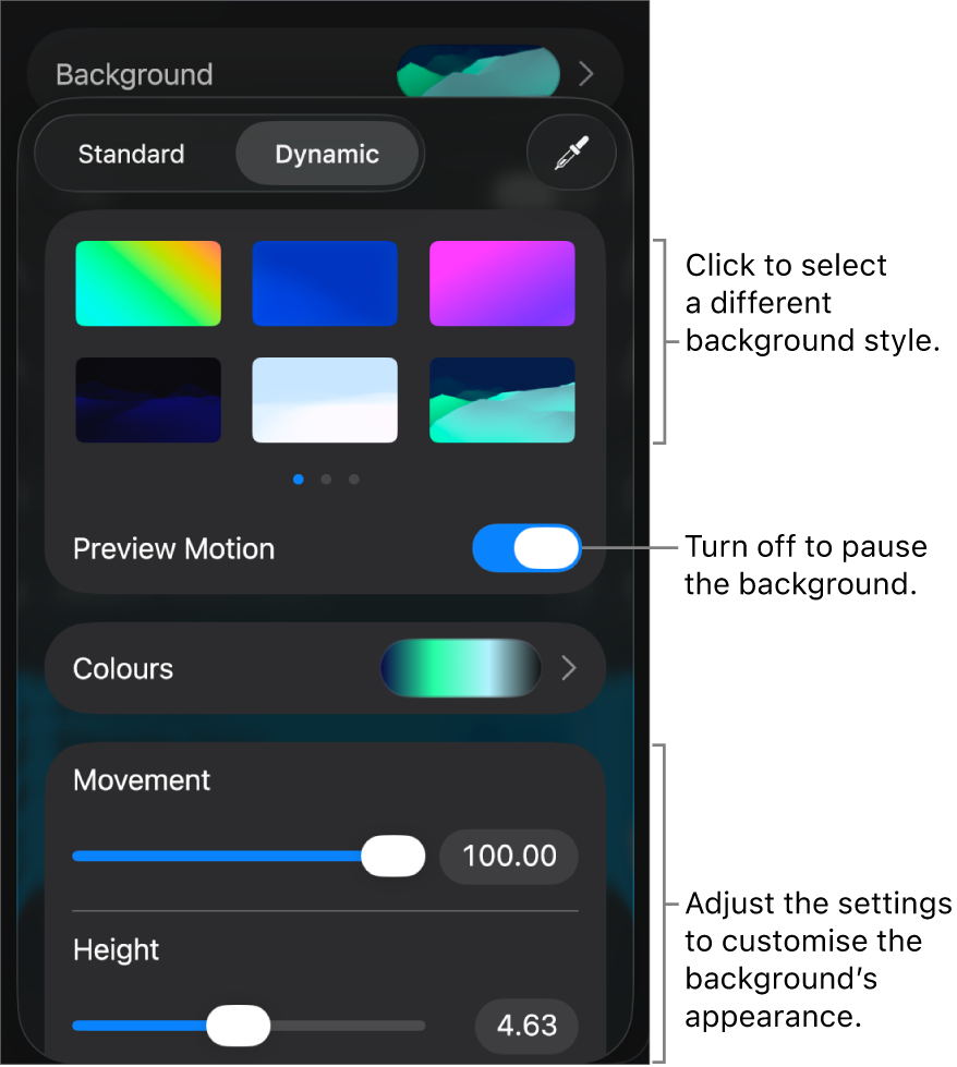 The dynamic background controls with the background style thumbnails, Preview Motion button and customisation controls displayed.