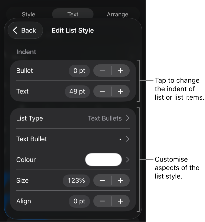 Edit List Style menu with controls for editing the list’s type and appearance.