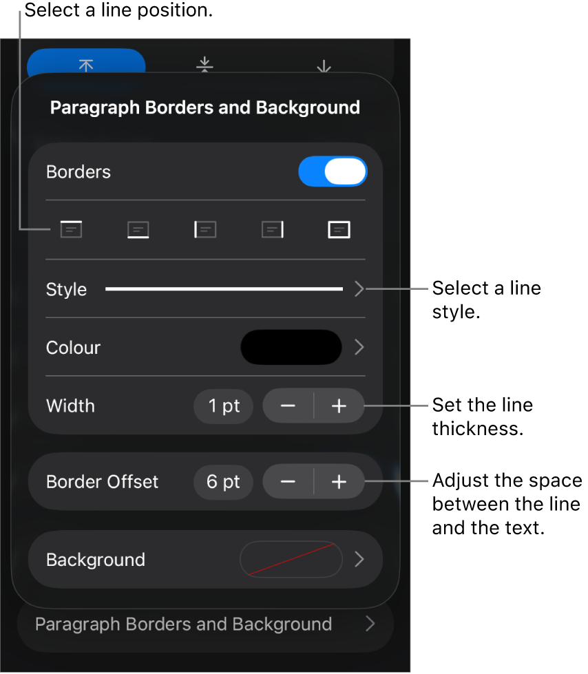 Controls to change the line style, thickness, position and colour.