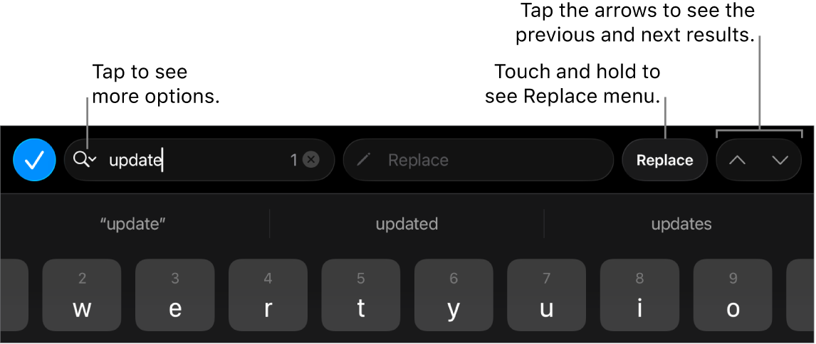 The Find & Replace controls above the keyboard with callouts to the Search Options, Replace, Go Up and Go Down buttons.